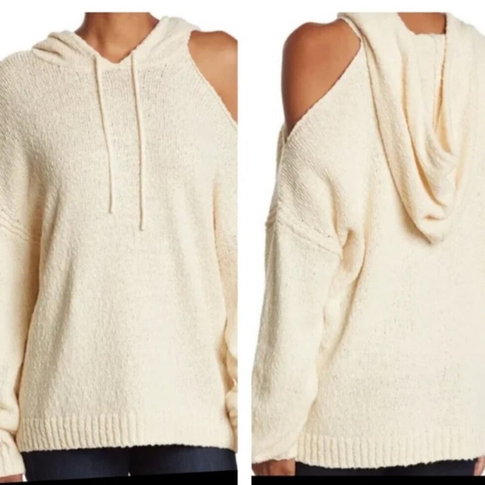 PAIGE Cutout Shoulder Knit Hoodie Sweater Cream Cotton XS New With Tags